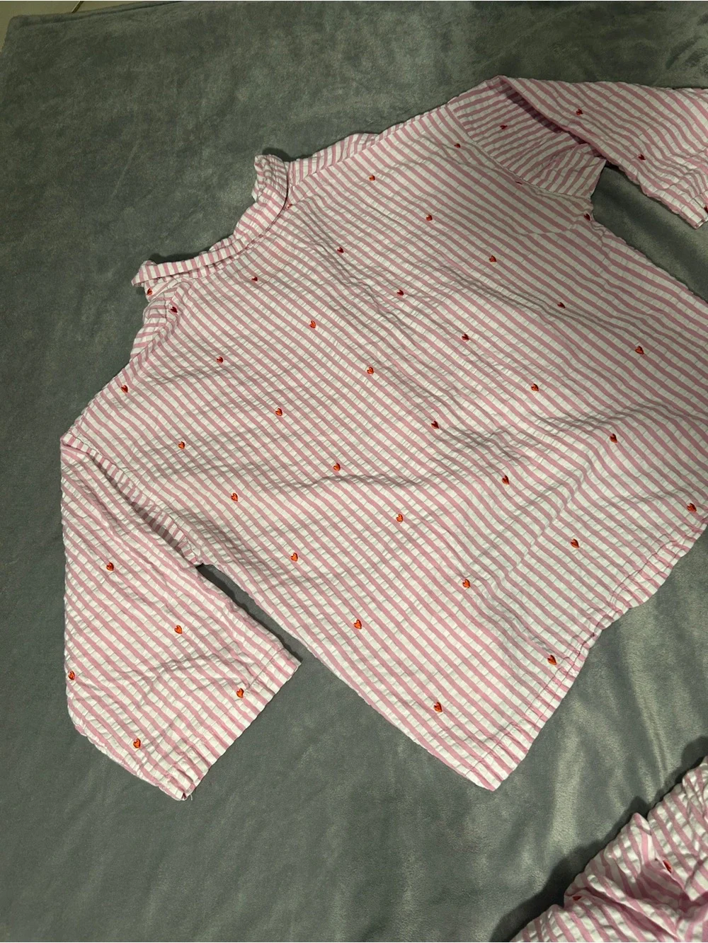 Pink Striped Kids Pajama Set with Tiny Red Hearts pink white